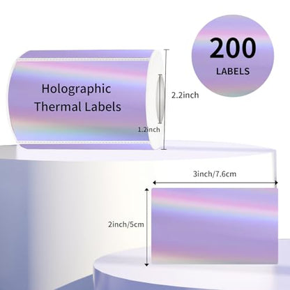 3x2 Inch Holographic Thermal Labels, Purple Thermal Sticker Labels, Rainbow Glitter Thermal Stickers for Price, Barcode, Mailing, Name, DIY Custom Logo Design, 200 Sheets/1 Roll - color: Holographic Purple, size: 2*3 inch