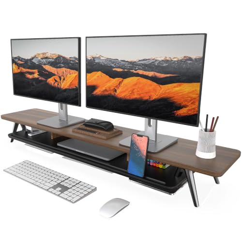 Fenge Dual Monitor Stand Riser, Wooden Desk Shelf with 2-Tier Storage | 47.3-Inch Extra Wide, Sturdy Aluminum Legs, Built-In Phone & Tablet Slot, Desktop Organizer for Office Accessories - color: Walnut, size: 47.2 Inch