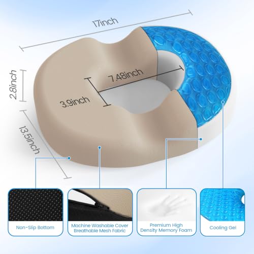 Donut Pillow Seat Cushion, Cooling Gel Memory Foam Chair Cushion, Khaki - color: Khaki, size: Large