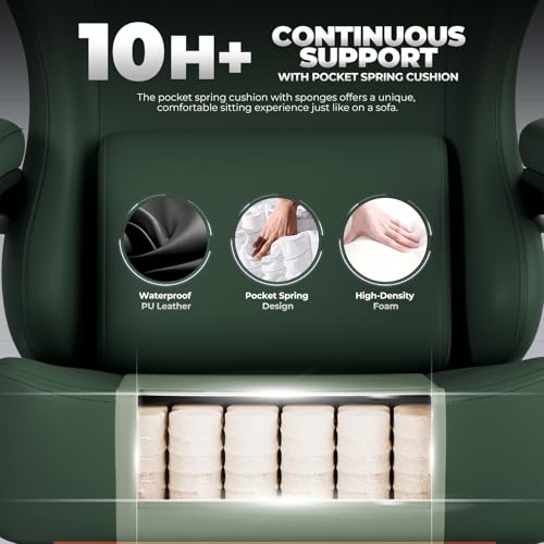 GTPLAYER Big and Tall Gaming Chair 400lbs Heavy Duty Office Chair with Footrest, High Back Pocket Spring Ergonomic Computer Chair for Adults, Wide Seated Cushion with Linkage Armrests, Leather Green - color: Dark Green