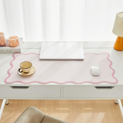 Scalloped Desk Mat, 31.5" x 15.7", PU Leather, Waterproof Anti-Slip, Cute Aesthetic Desk Pad for Office/Home/Game/Vanity (Pink, 31.5 X 15.7) - color: Pink