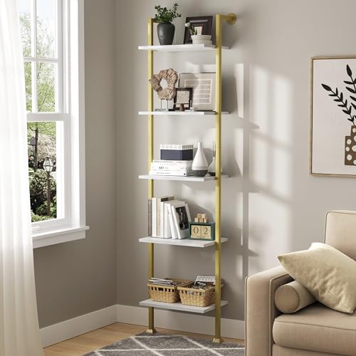 5-Tier Ladder Bookcase, Tall Narrow Bookshelf for Small Spaces, Modern Book Storage Organizer Case Open Shelves for Living Room, Bedroom，Office, Library, Gold and White - color: Gold+ivory
