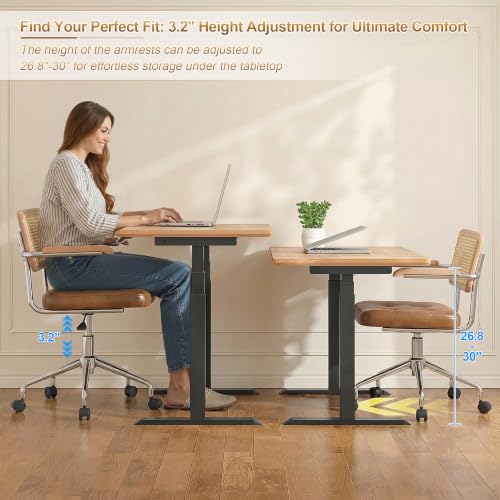 Zesthouse Leather Office Desk Chair with Wheels, Mid Century Rolling Desk Chair with Wood Arm & Natural Rattan Back, Modern Swivel Home Office Chair, Small Height Adjustable Computer Task Chair, Brown - color: Brown, size: Armrest