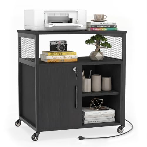 Rolling File Cabinet, Printer Stand with Charging Station (Black) | Mobile Lateral Filing Cabinet | Adjustable Shelf & Metal Frame | Lockable Wheels | For Home Office & Small Space - color: Black