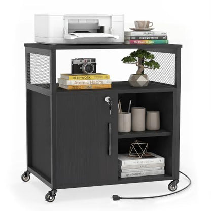 Rolling File Cabinet, Printer Stand with Charging Station (Black) | Mobile Lateral Filing Cabinet | Adjustable Shelf & Metal Frame | Lockable Wheels | For Home Office & Small Space - color: Black