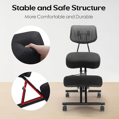 Kneeling Chair with Backrest Adjustable Linen Ergonomic Home Office Chair | Improve Posture Chair with Brake Rolling Wheels Thick Cushion Work Stool Back Pain Relief - color: Black-linen
