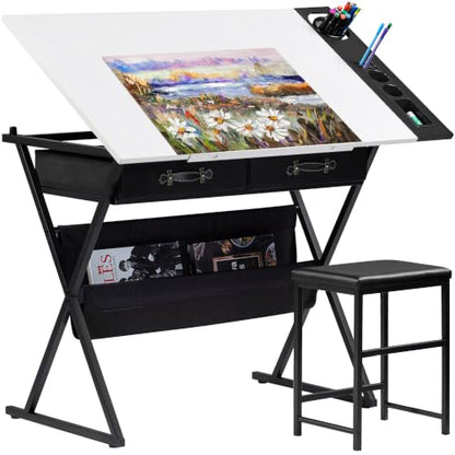 VECELO Drafting Table Art Desk Art Table Adjustable Drawing Table Tilted Tabletop with 2 Storage Drawers and Stool, Drawing Desk for Artist Painters Drawing, Crafting, Reading, Writing, White - color: White