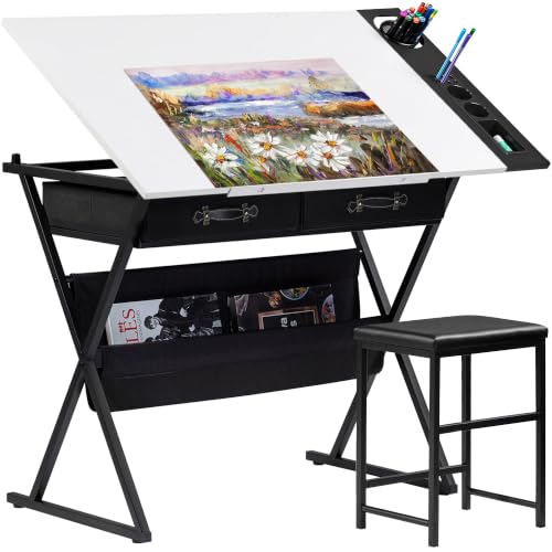 VECELO Drafting Table Art Desk Art Table Adjustable Drawing Table Tilted Tabletop with 2 Storage Drawers and Stool, Drawing Desk for Artist Painters Drawing, Crafting, Reading, Writing, White - color: White