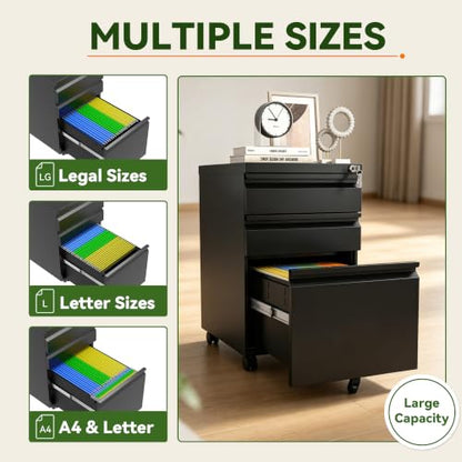 SAWJEC 3 Drawer Mobile File Cabinet with Lock, Fully Assembled, Black - color: 02b-black