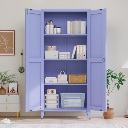 61" Purple Metal Storage Cabinet, Lockable 2-Door Tall Locker with 3 Adjustable Shelves, Freestanding Steel Utility Cabinet for Bedroom, Office, Living Room, 61" H x 27.6" W x 13.8" D - color: Purple, style: 61"H-Cabinet-YX