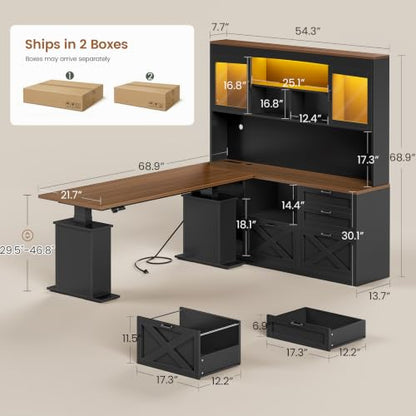 SEDETA 69" L Shaped Gaming Standing Desk with 4 Drawers, Storage Bookshelf - color: Black, size: 68.9" Standing Desk with Bookshelf