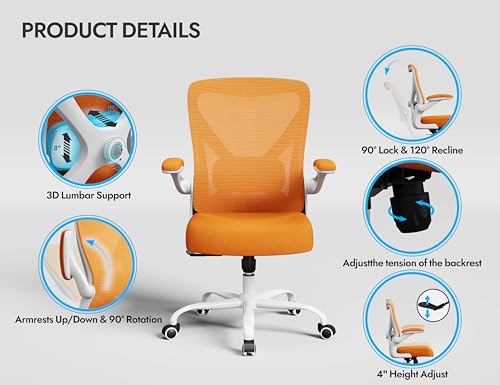 Ergalithic Office Chair: Mesh Ergonomic Desk Chair with 3D Lumbar & Swivel - color: Orange, size: Pack of 1
