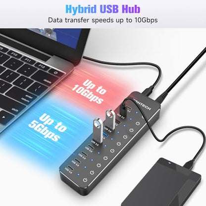 RSHTECH 10 Ports Powered USB 3.2/USB C Hub Splitter 60W with 3 x 10Gbps USB 3.2 Ports (2C + 1A),7 x USB 3.0 Ports (4C + 3A), 3.3ft Cable and Individual Touch Switches for Laptop PC