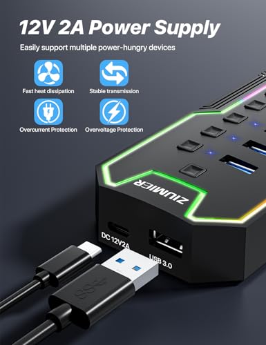 ZIUMIER Powered USB Hub, 10 Ports USB 3.0 Hub with RGB LED Strip