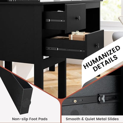 LDAILY Modern Home Office Desk with Hutch, Office Desk with USB Charging Ports and Power Outlets, Computer Desk with 5 Storage Cubbies and 2 Drawers, Writing Study Desk for Bedroom (Black) - color: Black