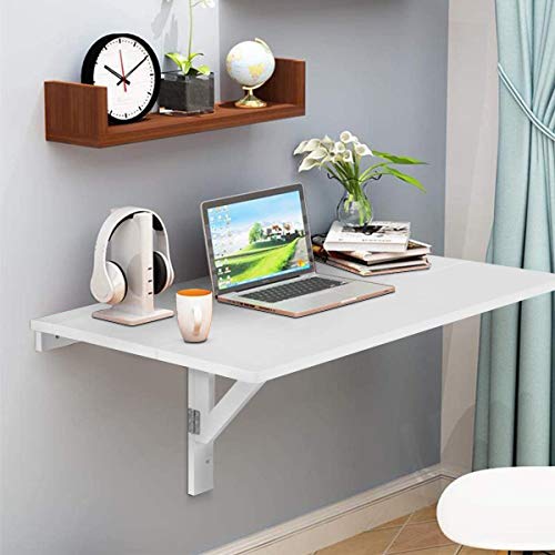 Wall Mounted Folding Table, 31.5’’ x 23.5’’ Wood Floating Desk for Laptop, Study & Dining in Balcony, Bedroom, Bathroom, Kitchen, Drop-Leaf Wall Desk Fold Down for Small Spaces (White)