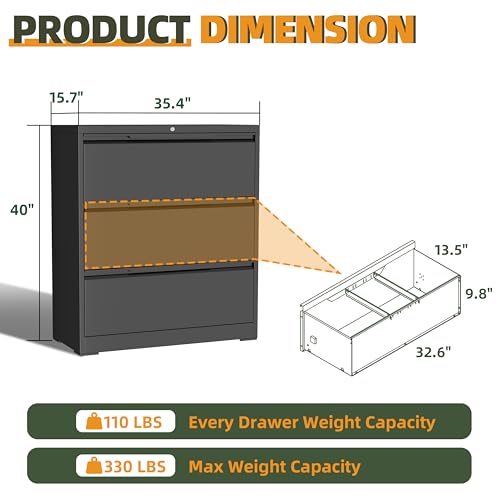 3 Drawer Metal Lateral File Cabinet with Lock for Home Office | 35.5 Inch Ultra Spacious Tabletop,330LBS Max Weight Capacity,Fits Letter/Legal/F4/A4 Size,Fast Easy Assemble,Black - color: Black, size: 15.7"D x 35.4"W x 40"H（3 Drawers）