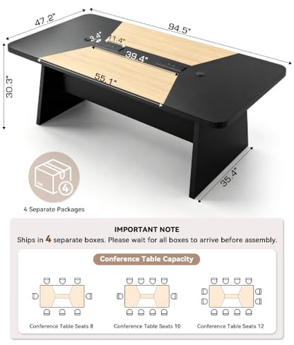 Ceridwen 8FT Conference Table, Rectangular Boardroom Table with Built-in Power & USB-C Ports, Heavy-Duty Meeting Table with Thick Tabletop & Trapezoid Legs for Office Conference Room - color: Natural Wood