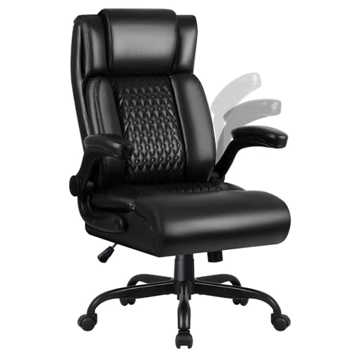 OFIKA Executive Office Chair Heavy Duty Office Chair Padded Flip Up Armrest, Computer Gaming Chair PU Leather Desk Chair, High Back Big and Tall Office Chair with Lumbar Support (Black) - color: Flip Up Armrest-black