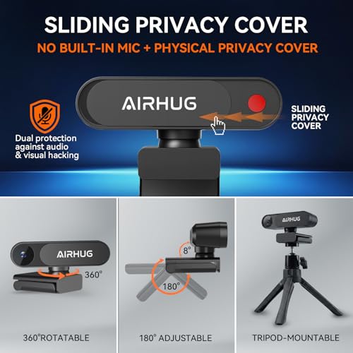 AIRHUG 4K UHD USB Webcam No Mic with Privacy Cover, USB Camera | 16MP Sony Sensor, PDAF Fast Focus, 63° Gold FOV, Auto Light Correction, Privacy Cover for Secure Meetings - style: 4K Webcam Without Mic