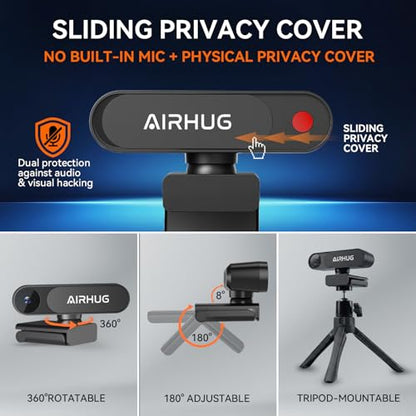 AIRHUG 4K UHD USB Webcam No Mic with Privacy Cover, USB Camera | 16MP Sony Sensor, PDAF Fast Focus, 63° Gold FOV, Auto Light Correction, Privacy Cover for Secure Meetings - style: 4K Webcam Without Mic
