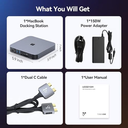 TobenONE 18-in-2 Docking Station Dual 4K Monitor for MacBook M5/M4 Pro/Max | Plug and Play Macbook Dock with HDMI&USB-C,150W Adapter, 10Gbps/PD 30W, 2.5G Ethernet, Solid & Sleek for Edit, Remote Office