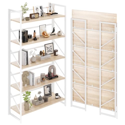 JSB 5 Tier No Assembly Folding Bookshelf, 30.7" Wide Foldable Storage Bookcase for Home Office, Space-Saving Storage Shelf for Living Room (White) - color: White, size: Wide Flat Tube 5-Tier
