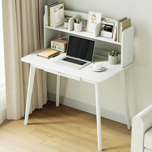 IOTXY Small Writing Desk with Hutch - 39.4" Work Computer Study Table - color: White