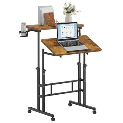 Simple Deluxe Split Top Rotating Standing Desk on Wheels – 23.6" Manual Adjustable Height Mobile Laptop Computer Table – Sit Stand Rolling Workstation with Tilt Function – Brown - color: Brown