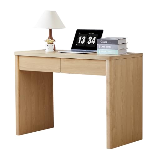 43 Inch Small Computer Desk with 2 Drawers, Mid Century Modern Writing Study Table for Home Office, Vintage PC Work Desk with Storage for Bedroom Small Spaces, Easy Assembly, MDF - Natural - color: Natural, size: 2 drawer