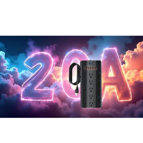 20 Amp Power Strip Surge Protector,Heavy Duty 12 Gauge 6.5 ft Cord/25 AC Outlets/4 USB A/2USB C/4000 Joules Surge protection/2500W/125V,Office Workshop Household Garage Black
