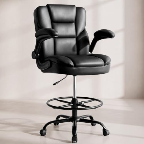 Drafting Chair 500Lbs, Tall Office Chair for Standing Desk, High PU Leather Executive Office Chair with Flip-up Armrests, Ergonomic High Chair with Adjustable Foot Ring, Comfy Stool Chairs, Black - color: Black