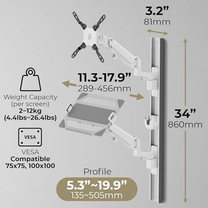 ZeboZap ZLTV8022 Wall Monitor Mount with Keyboard Tray | Fits 17 to 43 Inch | Single Monitor Wall Mount with Laptop Tray | Home Office, Bedside, Healthcare | White | 26.4 lbs