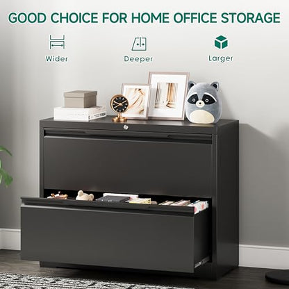 2 Drawer File Cabinet with Lock,Lateral File Cabinet,35.4" W Metal File Cabinets for Home Office,Hanging Files Letter/Legal/F4/A4 Size (Black-Assembly Required) - color: Black, size: 2 Drawer-Lateral-36"W
