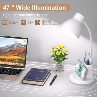 10W Wireless Charging LED Desk Lamp with Pen Holder, CRI 95, White - color: White