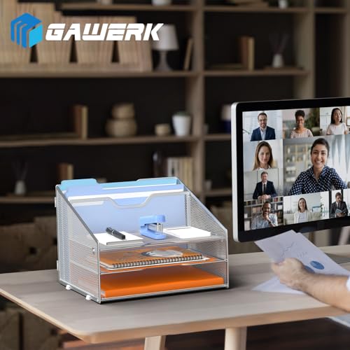 GAWERK Letter Tray Organizer, Mesh Desk File Organizer with 3 Paper Trays and 2 Vertical Upright Section (Silver) - color: Silver