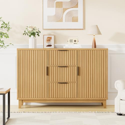 47.2" W Storage Cabinet with 3 Drawers, Fluted Buffet Cabinet with Storage - color: Wood Grain, size: 3 Drawers - 15.7"D x 47.2"W x 31.5"H