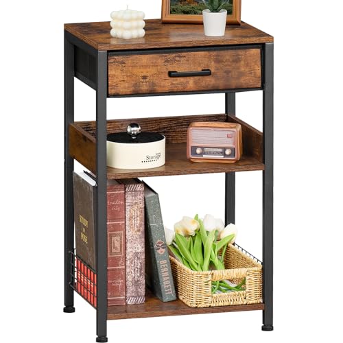 Lerliuo End Table with Fabric Drawer,3 Tier Industrial Wood Side Table with Storage,Modern Tall Printer Stand,Vintage Brown Nightstand,Rustic Bedside Tables for Living Room Bedroom Small Spaces | Three-tier printer stand with fabric drawer and two shelves