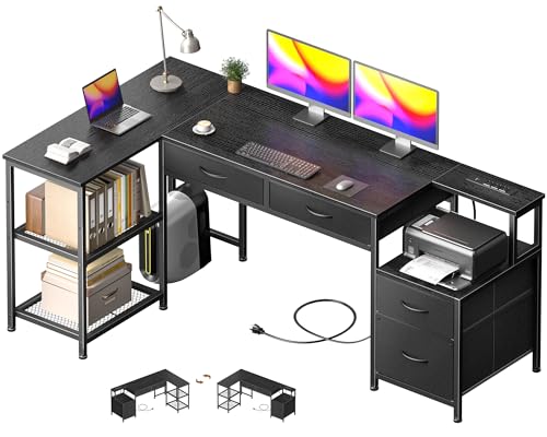Korfile 57 Inch L Shaped Computer Desk with Power Outlets, Reversible Home Office Desk with 4 Fabric Drawers & 2 Adjustable Mesh Shelves, Corner Study Work Desk with Larger Storage, Black - color: Black, size: 57 inch