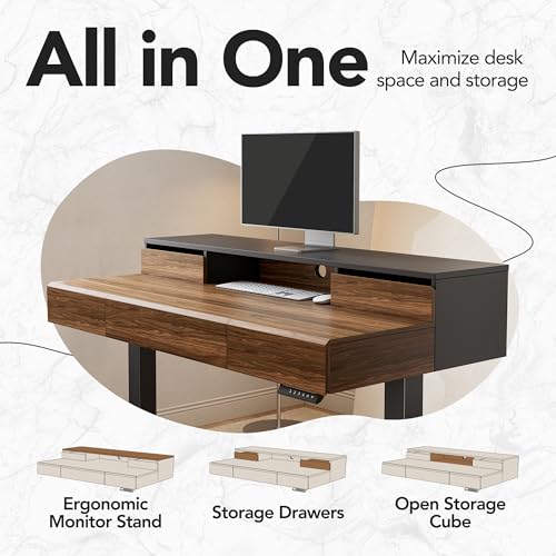 HUANUO Electric Standing Desk with Drawers, Height Adjustable, Black Walnut | 5 Storage Drawers, Whole-Piece Board, Sit Stand Up Desk with Monitor Shelf, 4 Memory Presets, Home Office Computer Desk