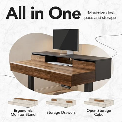 HUANUO Electric Standing Desk with Drawers, Height Adjustable, Black Walnut | 5 Storage Drawers, Whole-Piece Board, Sit Stand Up Desk with Monitor Shelf, 4 Memory Presets, Home Office Computer Desk