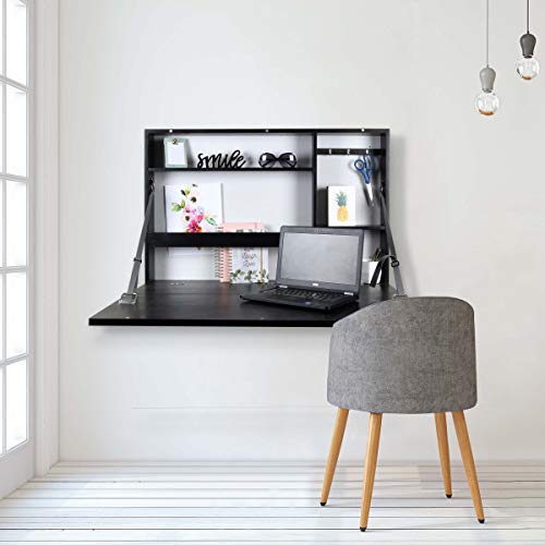 Prinz Work From Home Wall-Mounted Desk, Black Folding With Chalkboard Front, Space-Saving Floating Design, Ready to Hang, Interior Shelves, 36 x 24 x 5 Inches - color: Black