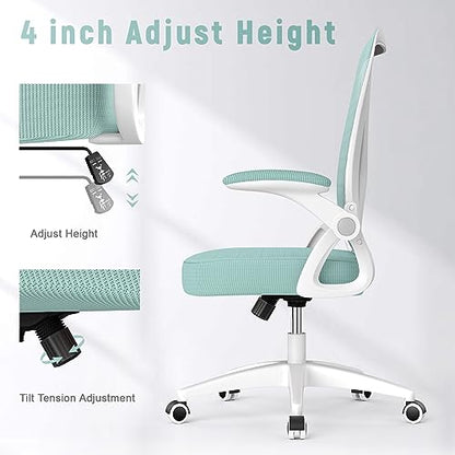 naspaluro Home Office Desk Chair Mid Back with Adjustable Height Green | Comfy Ergonomic Chair with Flip-Up Arm and Lumbar Support, Breathable Mesh Swivel Computer Chair for Study Working Teacher - color: Green