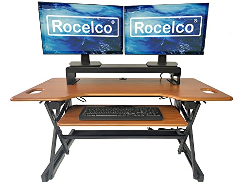 Rocelco 40" Large Height Adjustable Standing Desk Converter with Dual Monitor Stand BUNDLE - Quick Sit Stand Up Computer Workstation Riser - Retractable Keyboard Tray - Teak (R DADRT-40-DMS) - color: Teak/Black, size: 46", style: Riser+Monitor Stand