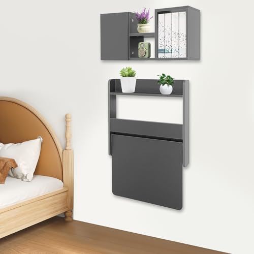 Floating Desk, 24" Wall Mounted Folding Desk with Bookshelf Folding Wall Desks Space Saving Workstation with Storage Shelves for Home Office Bedroom Study Room Small Space - color: Grey