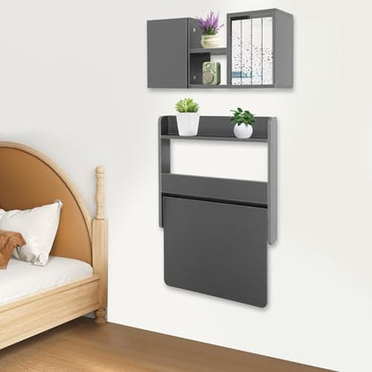 Floating Desk, 24" Wall Mounted Folding Desk with Bookshelf Folding Wall Desks Space Saving Workstation with Storage Shelves for Home Office Bedroom Study Room Small Space - color: Grey