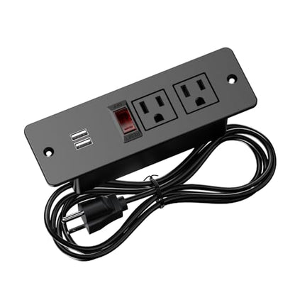 Recessed Power Strip with Switch Flush Mount Hidden Charging Station with USB Plug Multiple Surge Protector Outlet Extender with Extension Cord for Furniture Nightstand Bed Conference Table (Black)