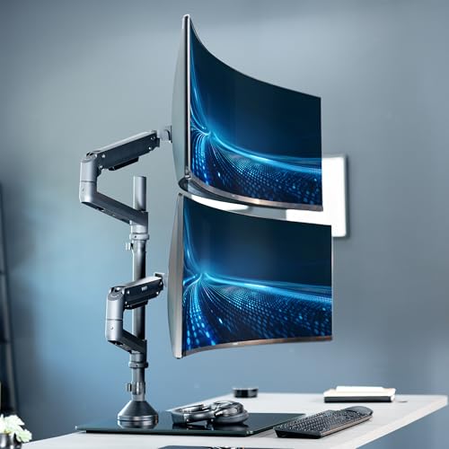 VIVO Pneumatic Arm Dual Ultrawide Monitor Desk Stand for Up to 49 inch Screens with Tempered Glass Base, Holds 2 Ultra Wides Up to 30.8 lbs, Black, STAND-V249FG - size: Dual Mount, style: Freestanding