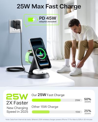 25W Fast 3 in 1 Charging Station for iPhone 17 Pro Max/16, iWatch & AirPods | Wireless Charger Compatible with MagSafe, for Multiple Apple Devices, Magnetic Charging Stand, with PD 45W Adapter - size: 25W Max for Phone