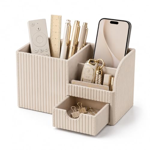 Luxury PU Leather Desk Organizer with Drawer, Modern Aesthetic Office Desk Accessories for Men & Women, Multi-Compartment Pen Holder & Desktop Storage Organizer for Home Office - color: Beige